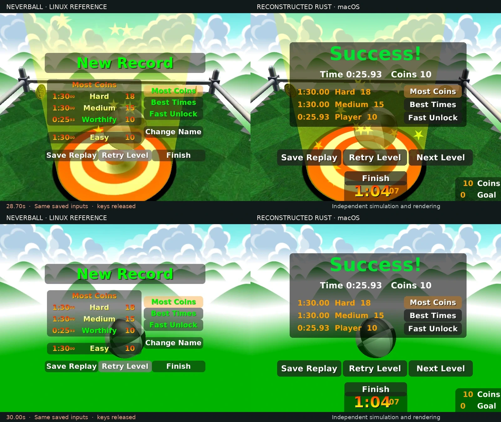 Original Neverball and native Rust reaching the goal and displaying results at 28.7 and thirty seconds