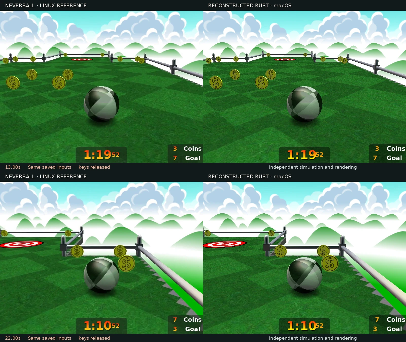 Original Neverball and native Rust collecting coins and following the route at thirteen and twenty-two seconds