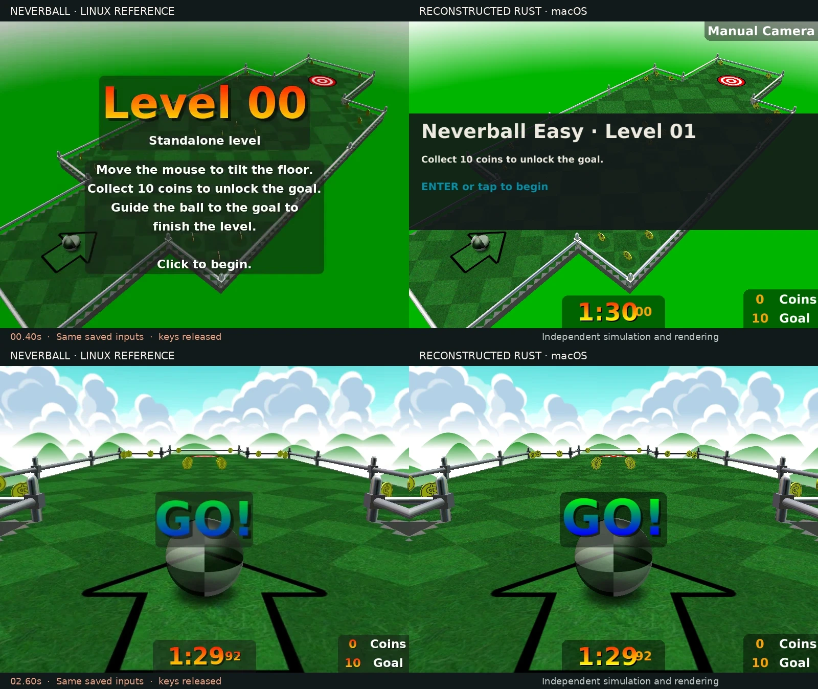 Original Linux Neverball and native Rust intro and starting lane at 0.4 and 2.6 seconds