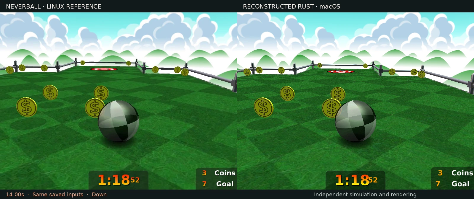 The licensed Neverball reference and independent Rust version respond to the same recorded ten-coin route inputs, side by side.