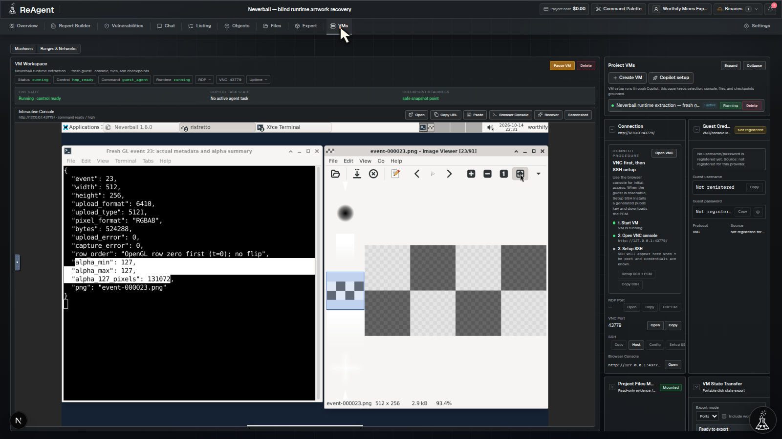 Full ReAgent VM workspace showing the recovered checker texture beside its 512×256 RGBA8 readback metadata and uniform alpha 127 measurement.