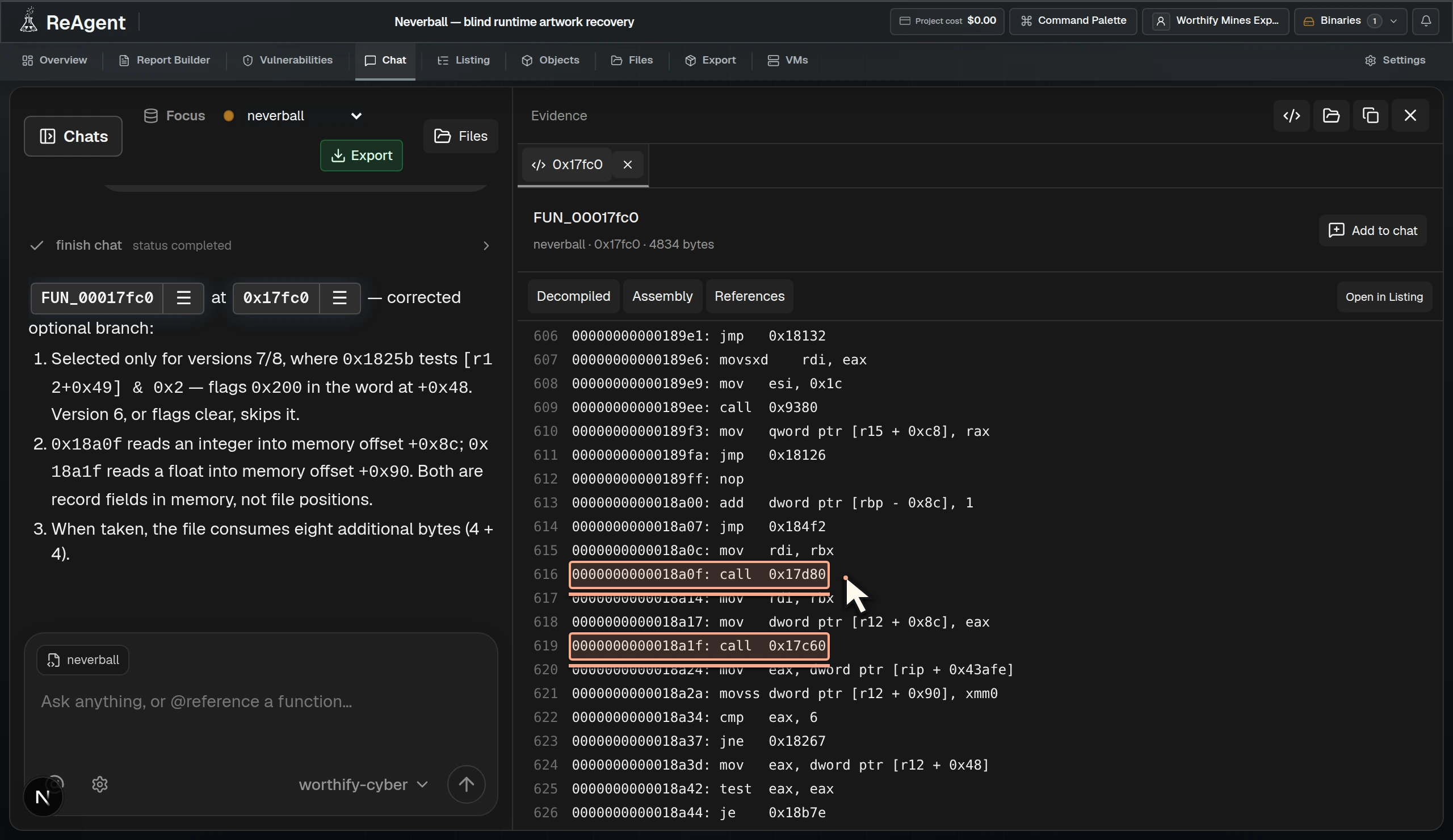 Actual ReAgent chat beside Assembly with the optional integer and float reader calls highlighted