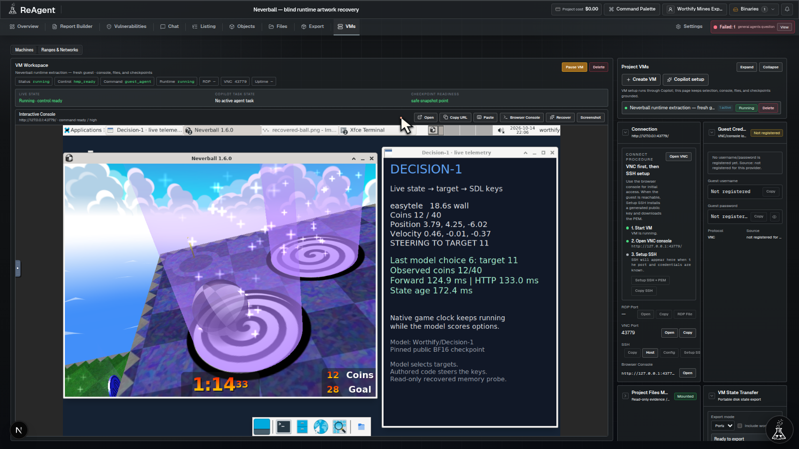 Full ReAgent VM workspace with Neverball running beside the Decision One controller’s live position, velocity, target and latency panel.