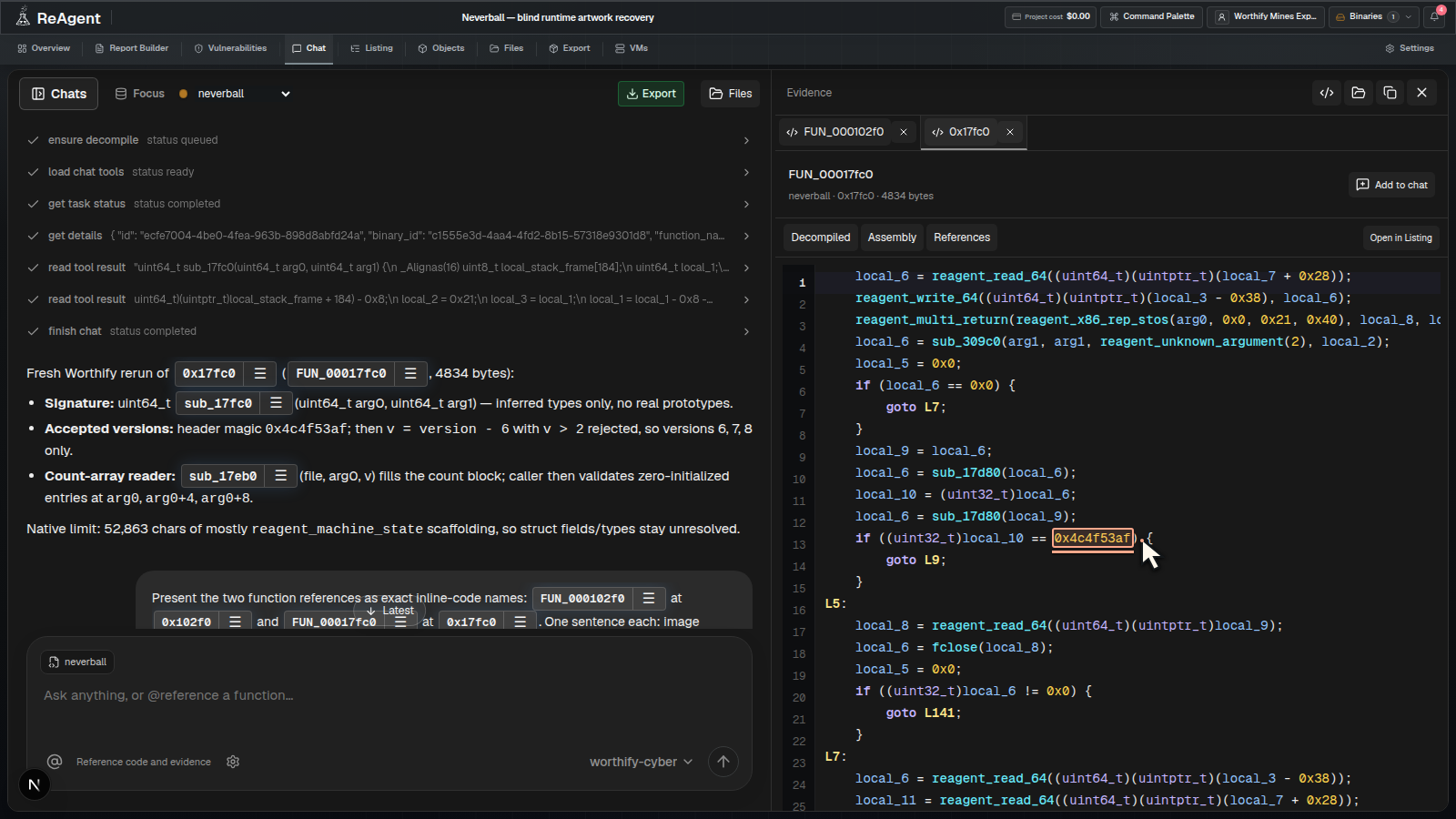 Full ReAgent workspace with chat on the left and the Worthify Decompiler’s native course-reader output on the right, highlighting the SOL signature 0x4c4f53af.